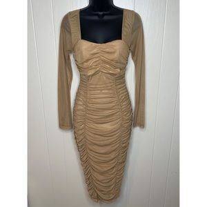 Fashion Nova Mocha Long Sleeve Ruched Midi Dress